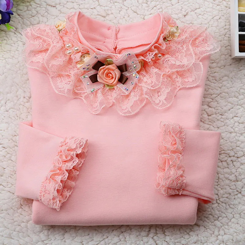 Модная детская одежда для маленьких детей; топы; сезон осень-зима; Кружевная футболка с длинными рукавами для девочек - Цвет: light pink