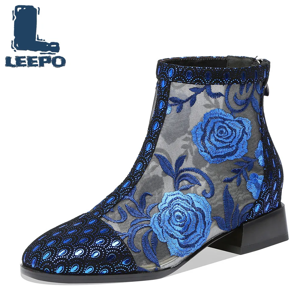 

LEEPO Ankle Boots for Women Handmade Luxury Designers Summer Perforated Lace-Up Embroider Net Boots Woman Mesh Booties Red Shoes