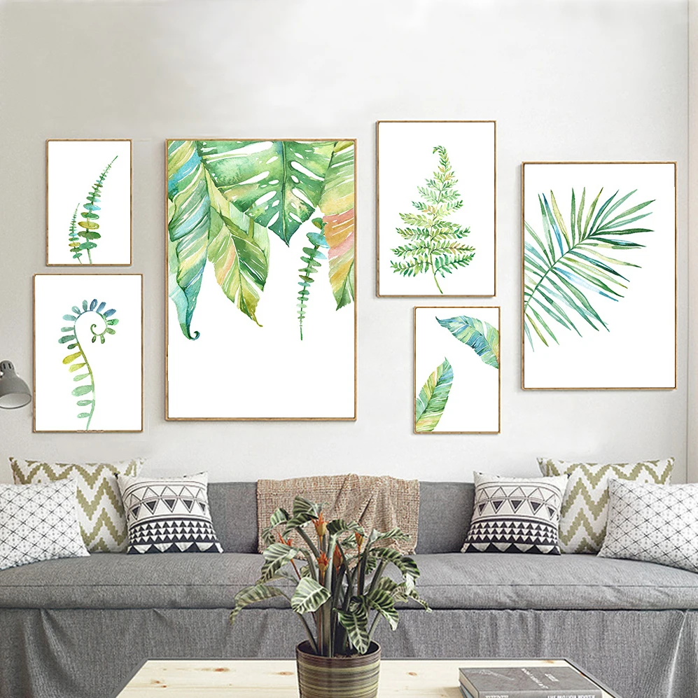 

Nordic Style Watercolor Plant Tropical Leaves Landscape Painting Picture Wall Art Canvas for Living Room Modern Home Decor