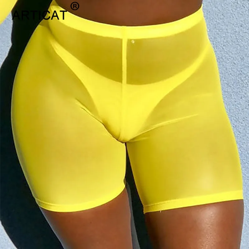 

Articat Yellow Sexy Sheer Mesh Shorts Women High Waist Transaparent Summer Beach Casual Shorts Fitness Bodycon Short Sweatpants