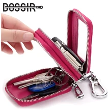 Автомобильный держатель из натуральной кожи, унисекс, двойная молния, большой емкости, кошелек для ключей, модный однотонный чехол для ключей