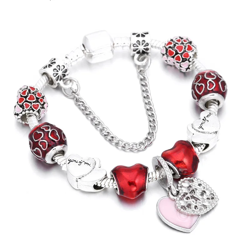 

Boosbiy Antique Silver Color Snake Chain Charm Pandora Bracelet With Red Enamel Heart Beads & Pendant For Women Jewelry Gift