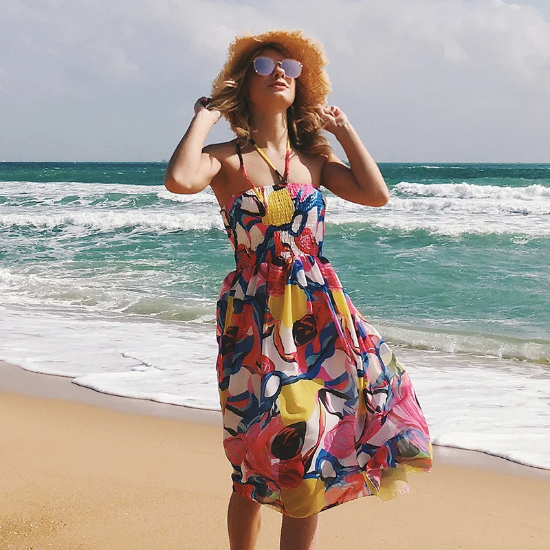 Amazon Aliexpress Hot new European and American printing wrapped chest sexy backless beach dress chiffon dress