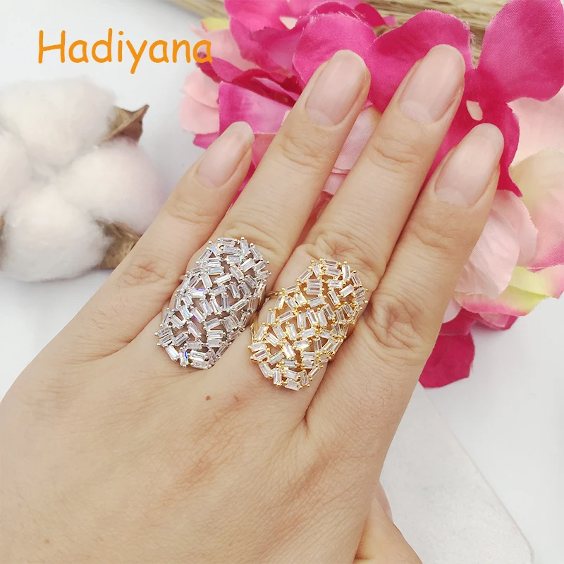 

HADIYANA Fancy AAA Bagutte Cubic Zirconia Shield Shape Ring, Dubai African Copper CZ Jewelry Ring For Women Party Gift CP182