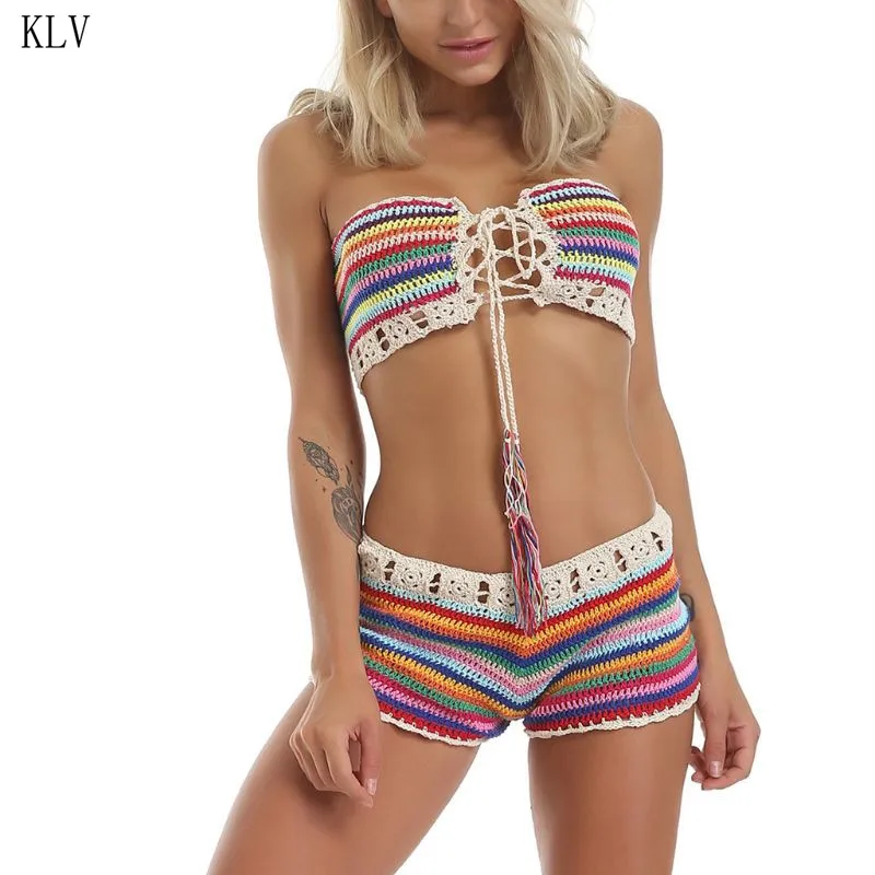 

Womens Sexy Swimsuit Bohemian Rainbow Handmade Crochet Knitted Bikini Set Drawstring Lace Up Bandeau Tube Top Shorts Beach