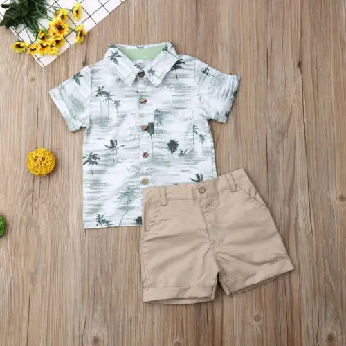 Малыша Маленький мальчик Для детей, на лето с цветочным принтом, рубашка блузка топы+ шорты комплект шорт, детская одежда