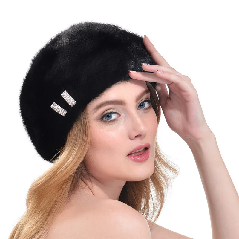 Норковая меховая шапка со стразами женская осенняя и зимняя модная новая норковая русская высококлассная элегантная шляпа береты шапки LH323