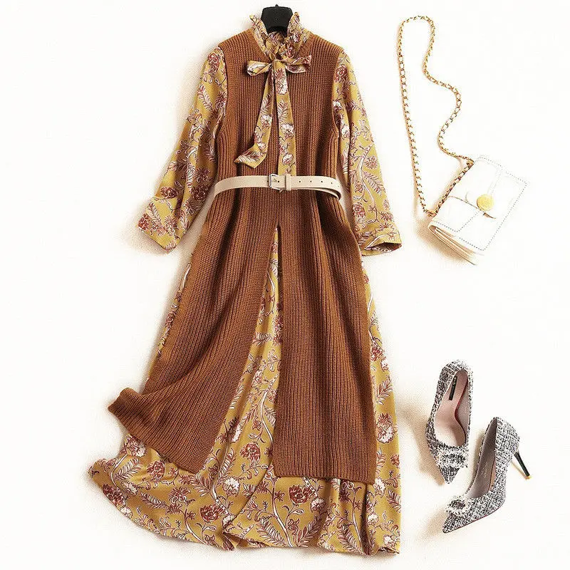 

Autumn and winter women's stand collar slim two-piece long-sleeved printed dress maternity clothing women sets