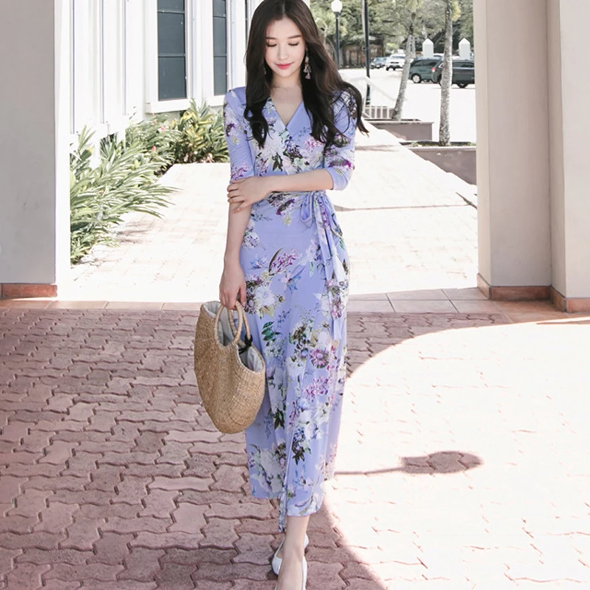 

Floral Print Boho Long Dress Women Tie Waist 2019 Maxi Dresses Vestidos Sexy Side Split Casual Beach Summer Dress Large Size