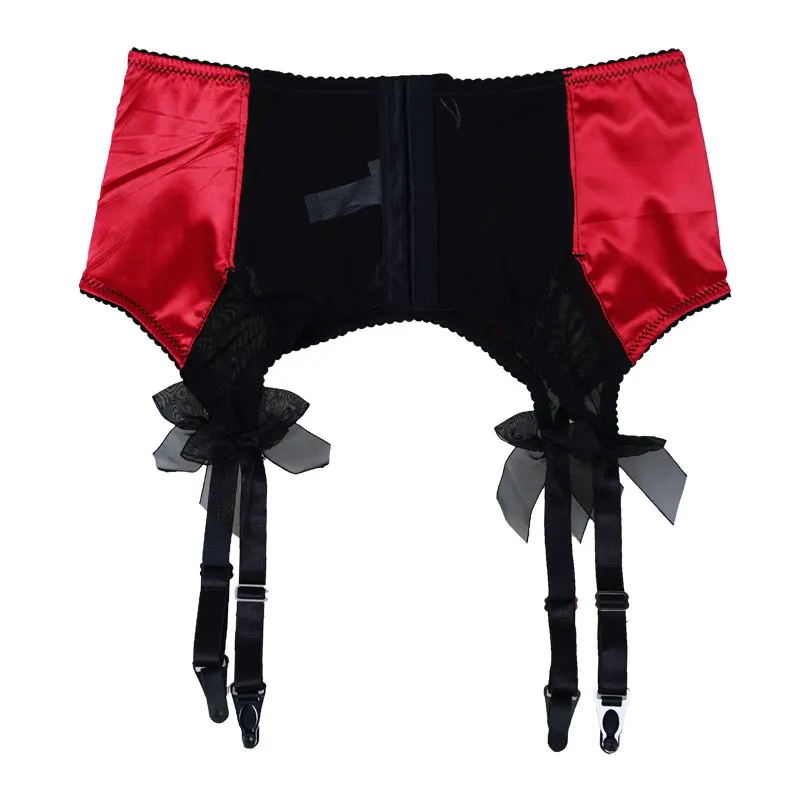 Red Satin Mesh Bow Fishbones Metal Buckles 4 Wide Straps Women/Female/Lady Sexy Garter Belts for stockings Suspender Belt S511R