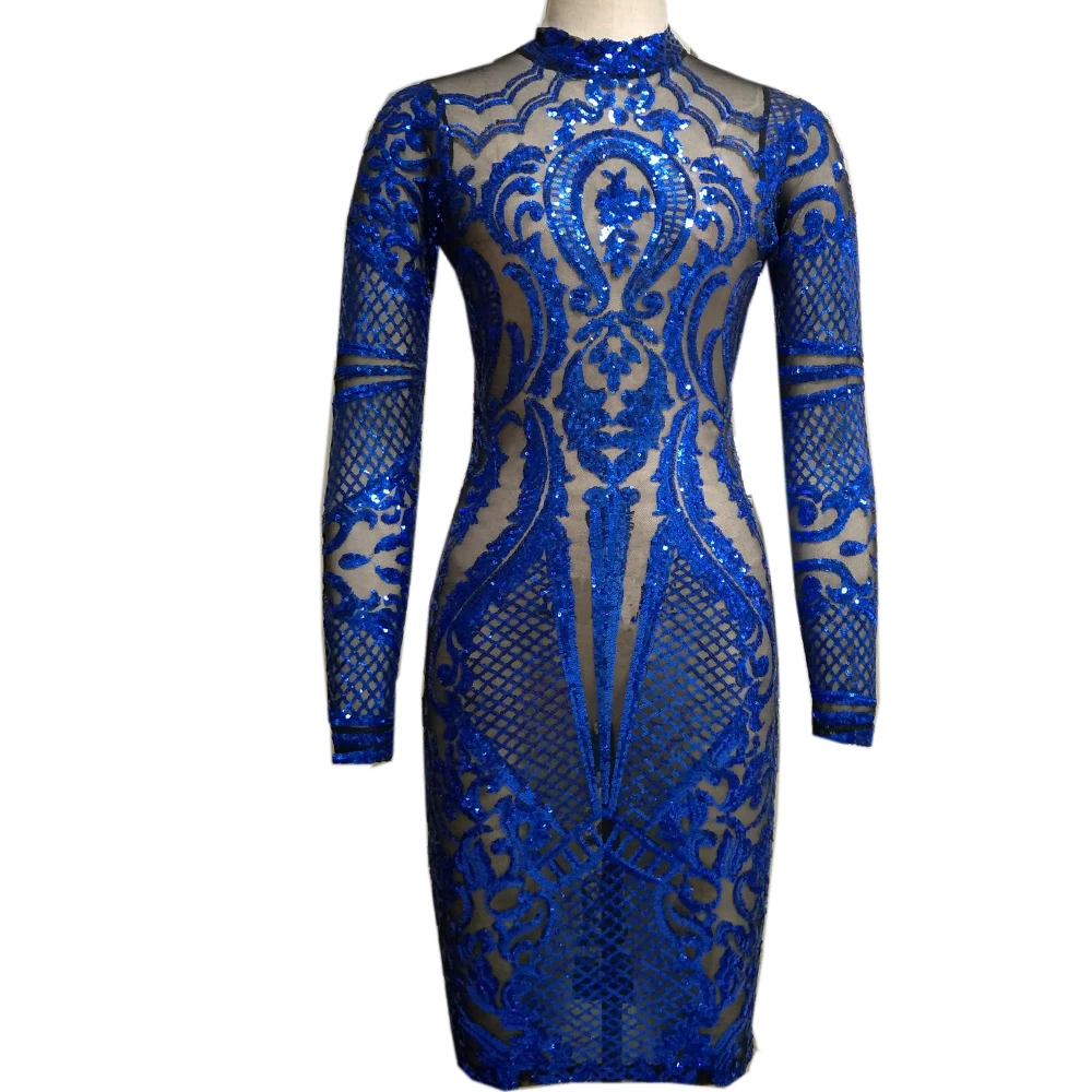 

Womens Sexy Bondage Vintage Dresses Party Night Club Dress Sexy Royal Blue Party Dress Geometric Pattern Sequin Bodycon Dress