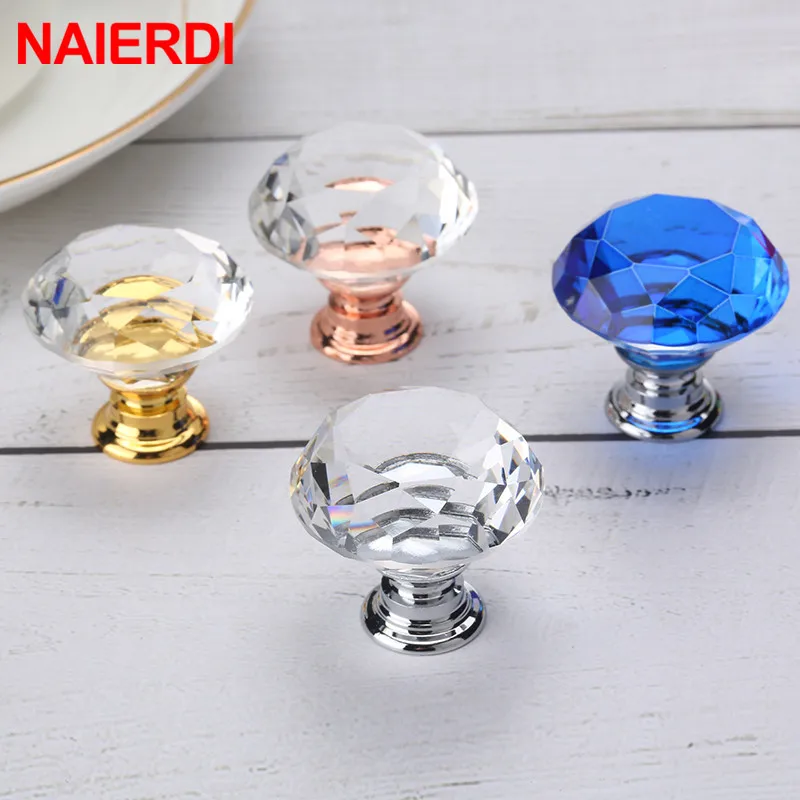 Furniture handles Kitchen door handles NAIERDI Gold Base Diamond Shape Design Crystal Glass Knobs Cupboard Pulls Drawer Knobs Kitchen Cabinet Handles Furniture Handle