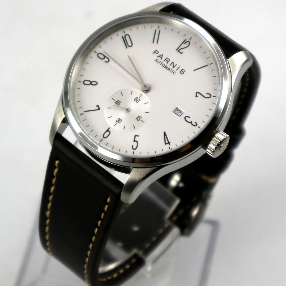 42mm parnis white dial date window leather ST 1731 automatic mens watch