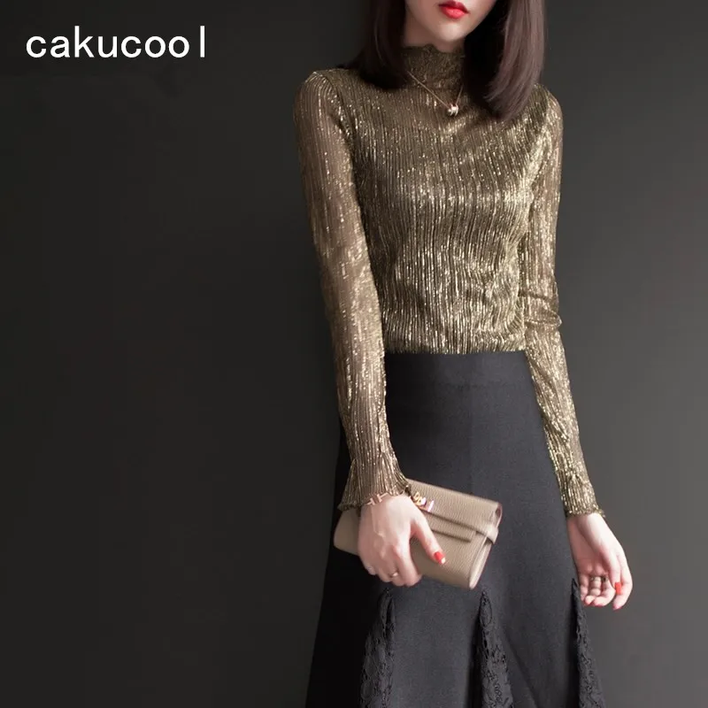 cakucool-hot-gold-lurex-blouses-shirt-women-long-sleeve-stand-collar-shiny-fleece-inner-slim-mesh-lace-basic-shirt-top-female