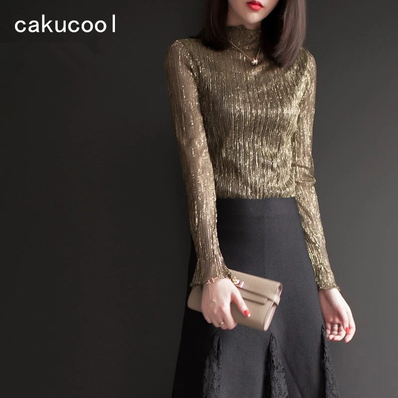 Cakucool Blusa manga larga con cuello levantado para mujer, camisa encaje de malla fina interior brillante, color dorado, lurex| Blusas y - AliExpress