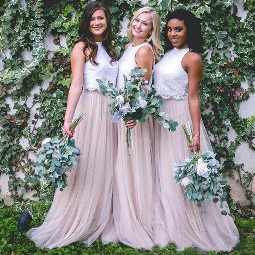 

New Two Pieces Lace Crop Country Long Prom Dresses Junior Maid of Honor Wedding Party Guest Gowns