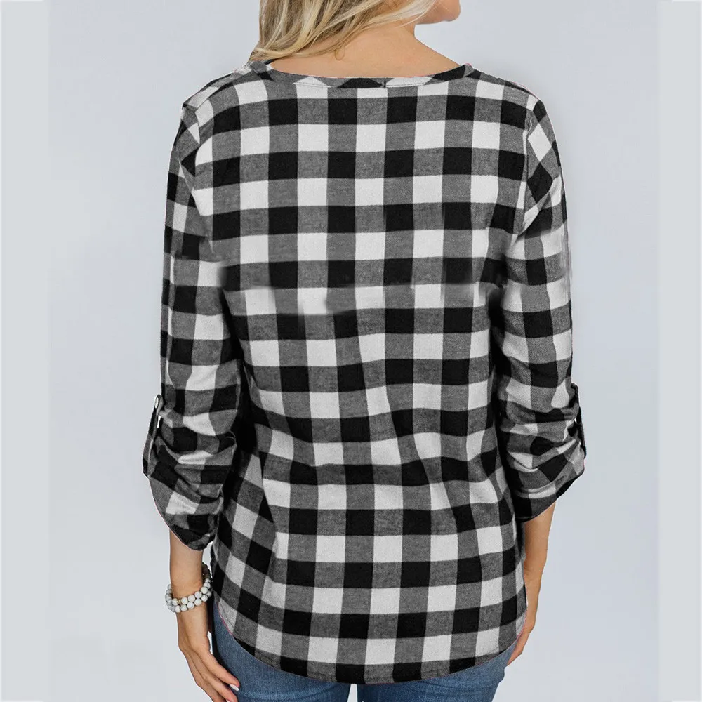 FREE OSTRICH Women New Arrival Classic Fashion Blouse Plaid V-neck Loose Female Casual Button Ladies Shirt Knotted Plus Size Top