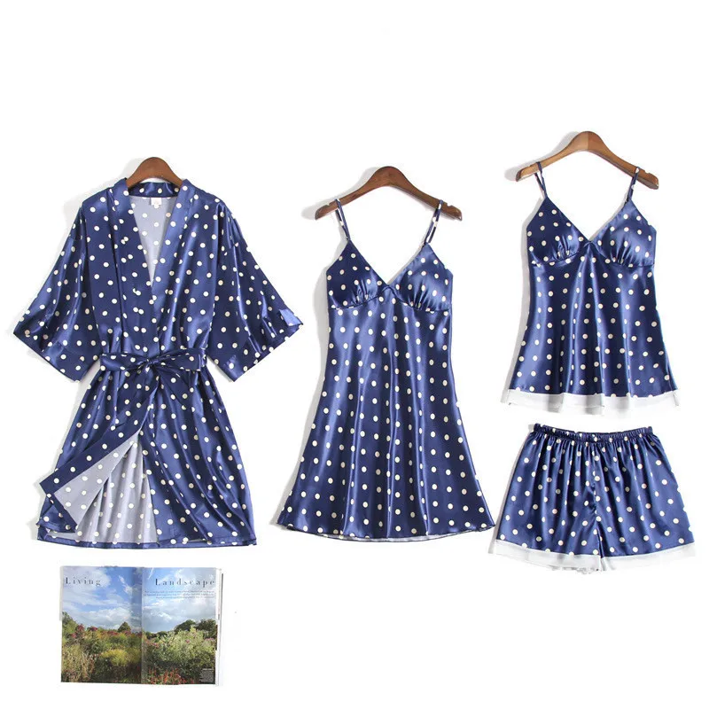 Модный пижамный комплект из 4 предметов, женская пижама с волнистыми точками, летний Халат без рукавов на бретельках, одежда для сна с нагрудной накладкой