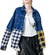 Винтаж плед с длинным рукавом весенние джинсы Для женщин Пальто Harajuku сращены джинсовая куртка женская одежда свободные Повседневное уличная C51