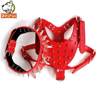 

Spiked Studded Dog Collar and Harness Set Leather Adjustable Pet Safe Collars and Harnesses Protection For Medium Large Dogs