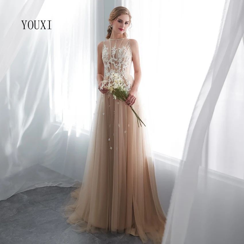 Champagne Prom Dresses YOUXI O-Neck Sexy Sheer Neck Lace Applique A-Line Sleeveless Sweep Train Long Party Evening Gowns