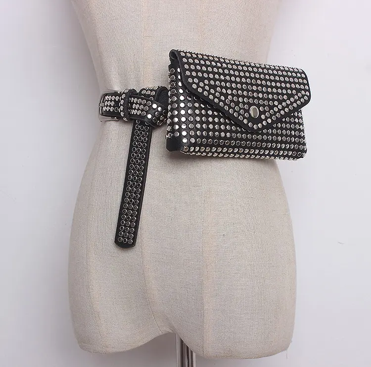 Модная женская поясная сумка с заклепками, роскошная дизайнерская поясная сумка, Маленькая женская поясная сумка, чехол для телефона в стиле панк, поясная сумка, кошелек - Цвет: Черный