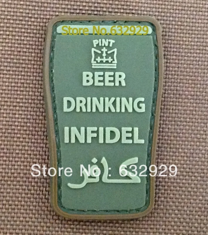Beer Drinking Infidel PVC Rubber Military Cap Ubacs Badge Hook Back TRF BLACK