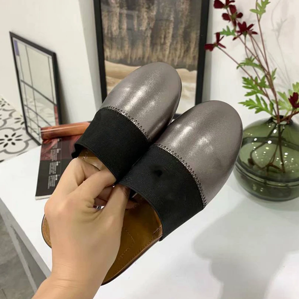 Women's Shoes Covered Toe Mules Genuine Leather Loafers Round Toe Casual Shoes Top Quality Slippers Outdoor Ladies Shoes