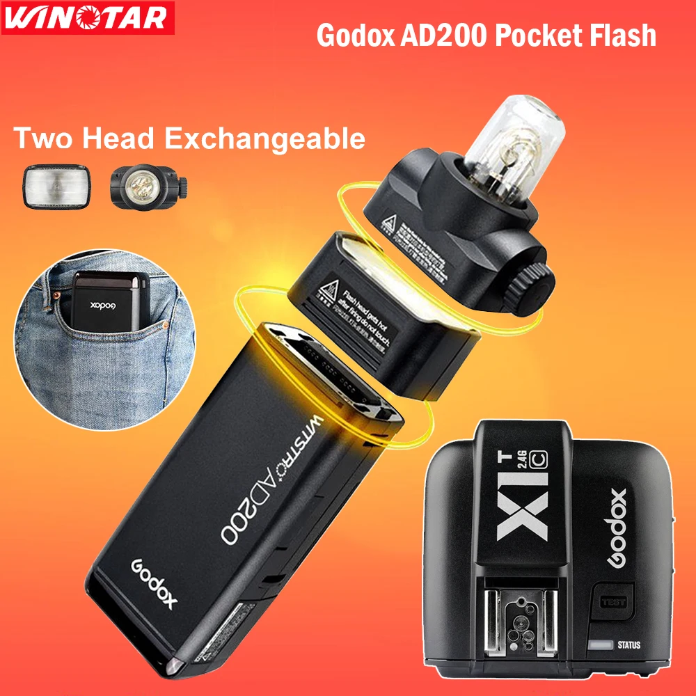 

HOT Godox AD200 Pocket Flash Speedlite with 2 Light Heads 200W Power 2.4G Wireless TTL HSS 1/8000s + X1T-C Trigger for Canon