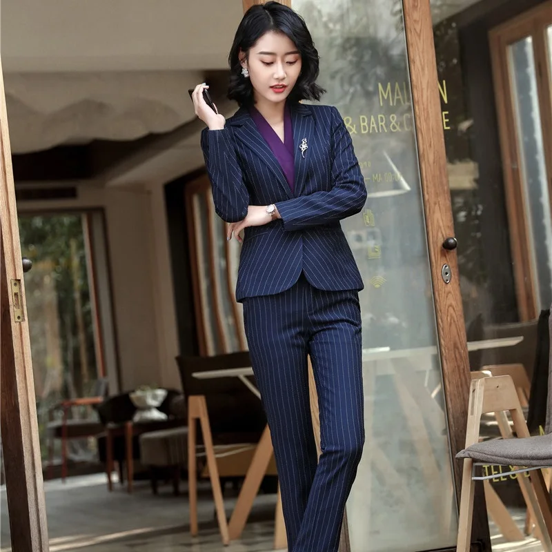 Blazers Striped grey Uniforme Avec Pour Striped Tops Blue Et Dames Femmes Styles Ensembles Striped Black Professionnel dark Pantsuits Femme Rayé Pantalon Pantalons Vestes Costumes wOqUwSB