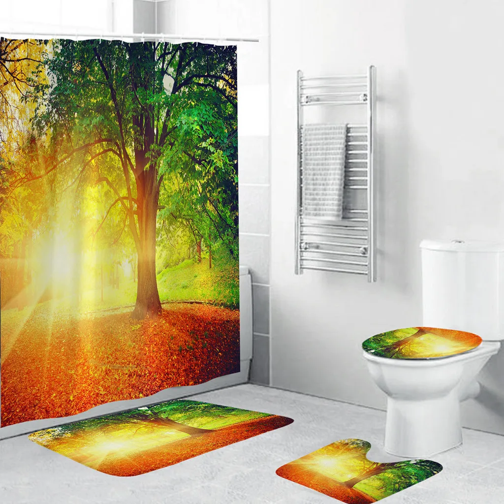 

Bathroom Carpet 4PCS Non Slip Toilet Polyester Cover Mat Set High Quality Bathroom Shower Curtain Rideau De Douche