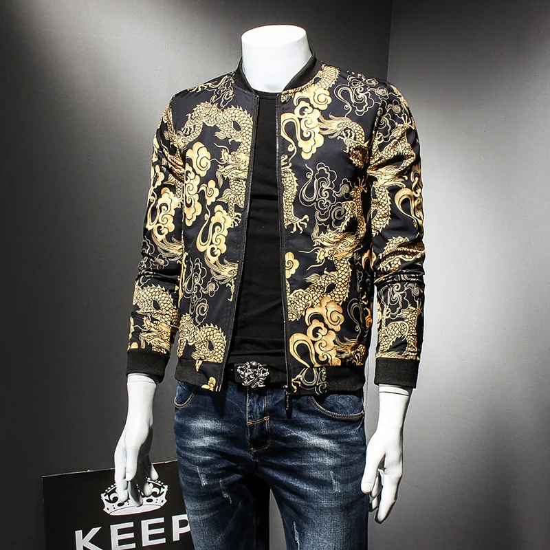 Весенне-осенняя куртка с золотым принтом в стиле «дракон», модные вечерние куртки в стиле хип-хоп, Мужская винтажная куртка-бомбер большого размера 5xl