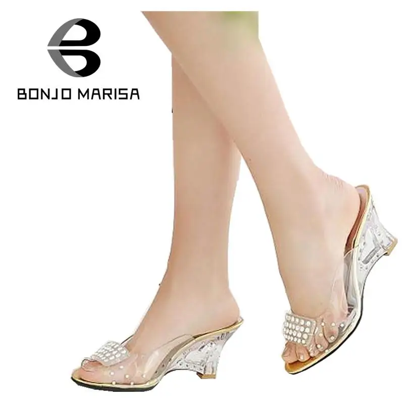 Big Size 34 43 Women Sandals Sexy Rhinestone High Heel Cutout Wedges Transparent Upper Summer Shoes
