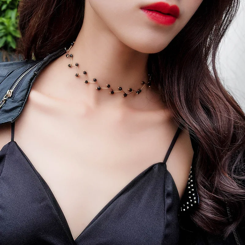 

New Fashion Women Chokers Necklace Elegant Black Beads Necklaces Statement Jewelry Bijoux AN101