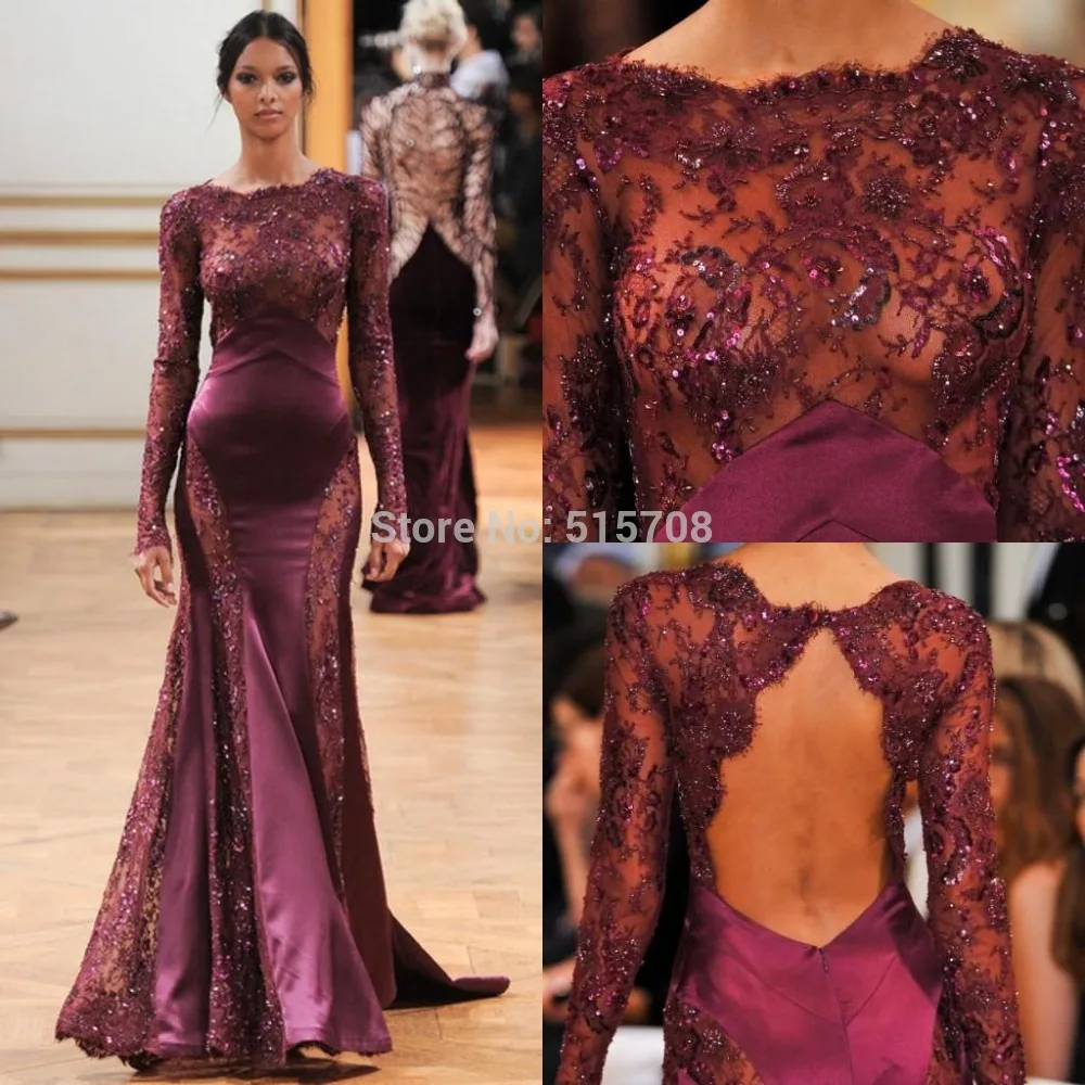 Custom Long Sleeve Lace Backless Evening Dresses Burgundy Fashion Lace See Through Red Formal Prom Party