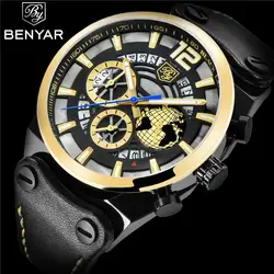 BENYAR Для мужчин Watch Chronograph Водонепроницаемый спорт натуральная кожа Для мужчин s наручные часы лучший бренд роскошных в стиле милитари