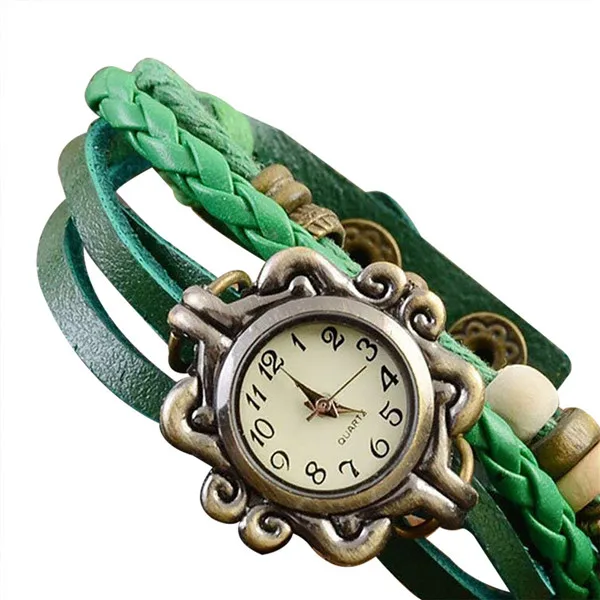 Коричневый ретро переплетение с узором Дамская бусина бабочка болтающийся браслет кварцевые наручные часы bayan kol saati apple band часы женские - Цвет: Зеленый