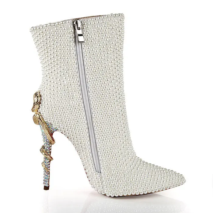 

LSDN-1303 New Fashion Sexy Pearl Metal Snake-heel Shoes Women Tip Fine-heeled Side Zipper Night Club High-heeled Boots