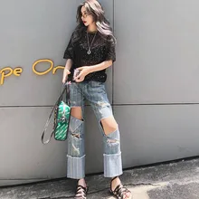 Демисезонный в полоску Горячая Алмаз джинсы с дырками, брюки женский женские с высокой талией брюки для девочек дамы flare