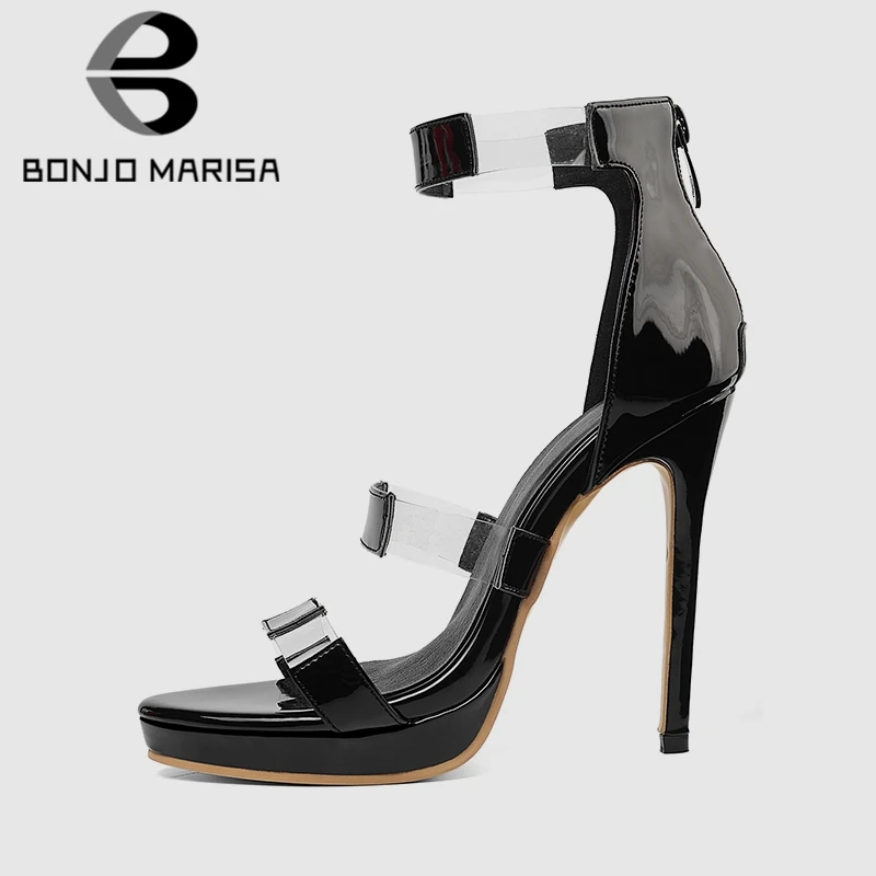 

BONJOMARISA New Fashion Plus Size 28-52 Western Style Summer Black Sandals Women Evening Thin High Heels Shoes Woman Platform