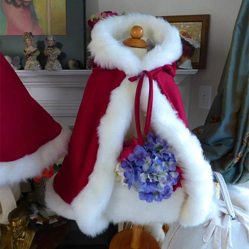 Детский зимний атласный свадебный плащ с капюшоном и отделкой из искусственного меха, мантия, шаль, куртка, свадебная накидка