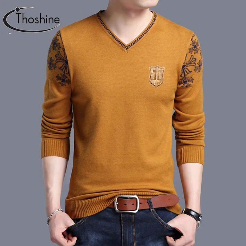 

Thoshine Brand Spring Autumn Style Men Knitted Sweaters V-Neck Pattern Casual Wool Pullovers Solid Color Male Streetwear Jumpers