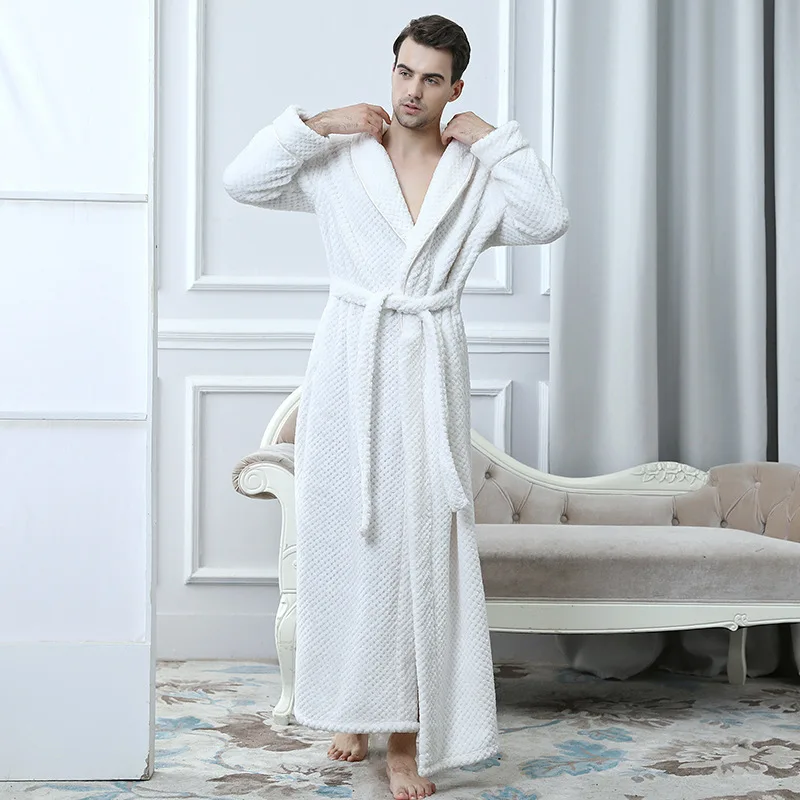Men Women Long Bath Robe Bath Towel Bathrobe Coral Velvet Pajamas Body Spa Super Absorbent Home Decoration Solid Bath Gown Towel - Цвет: white for men