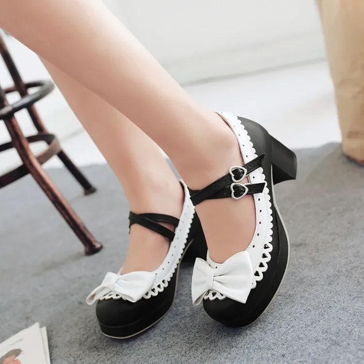 

US4-11 Womens Lolita Mid Heel Round Toe Bowknot Straps Kawaii Cosplay Shoes 3colors Plus Size Belt Buckle Mary Janes Sweet A1217