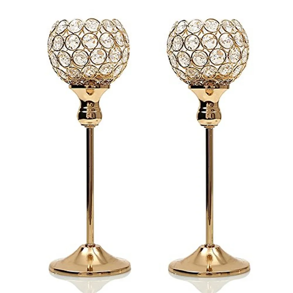Crystal Candle Holders Stand Metal Pillar Candlestick Set