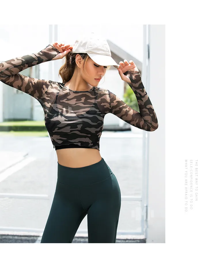 Women Sexy Sports Top Yoga Shirts Fitness Crop Long Sleeve tee camouflage see-through look Running T- shirt Gym Sportswear