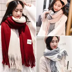 Осень-зима женский шерстяной шарф Для женщин кашемировые шарфы широкий решетки длинный платок Обёрточная бумага Одеяло теплая меховая