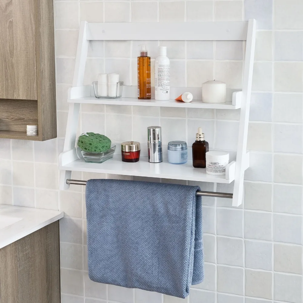 

SoBuy FRG117-W, Bathroom Wall Mounted Shelf, Storage Display Ladder Shelf, 2 Shelves + 1 Hanging Rail