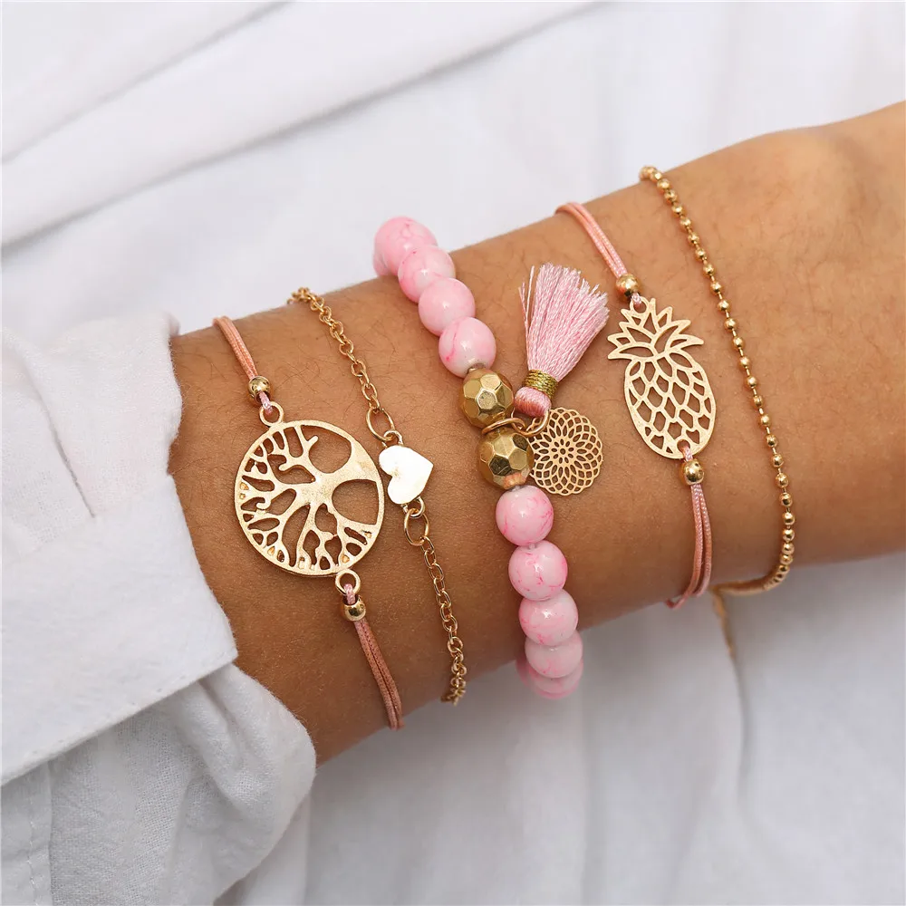 Bohemian Beads Charm Bracelets Set For Women New Fashion Shell Pineapple Map Stone Multilayer Bracelet Female Party Jewelry 2019