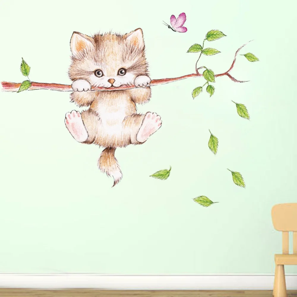 Cartoon wall stickers naughty kitten cat tree branch mural children's